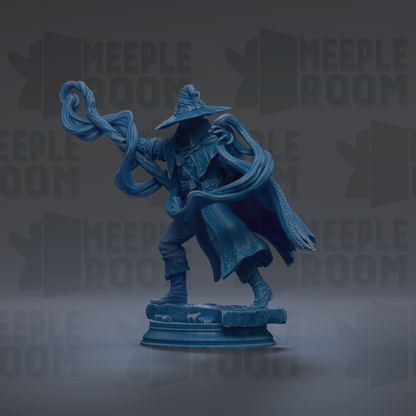 A blue statue of a wizard or magical figure, holding a staff and wearing a hat, is the central focus of the image.