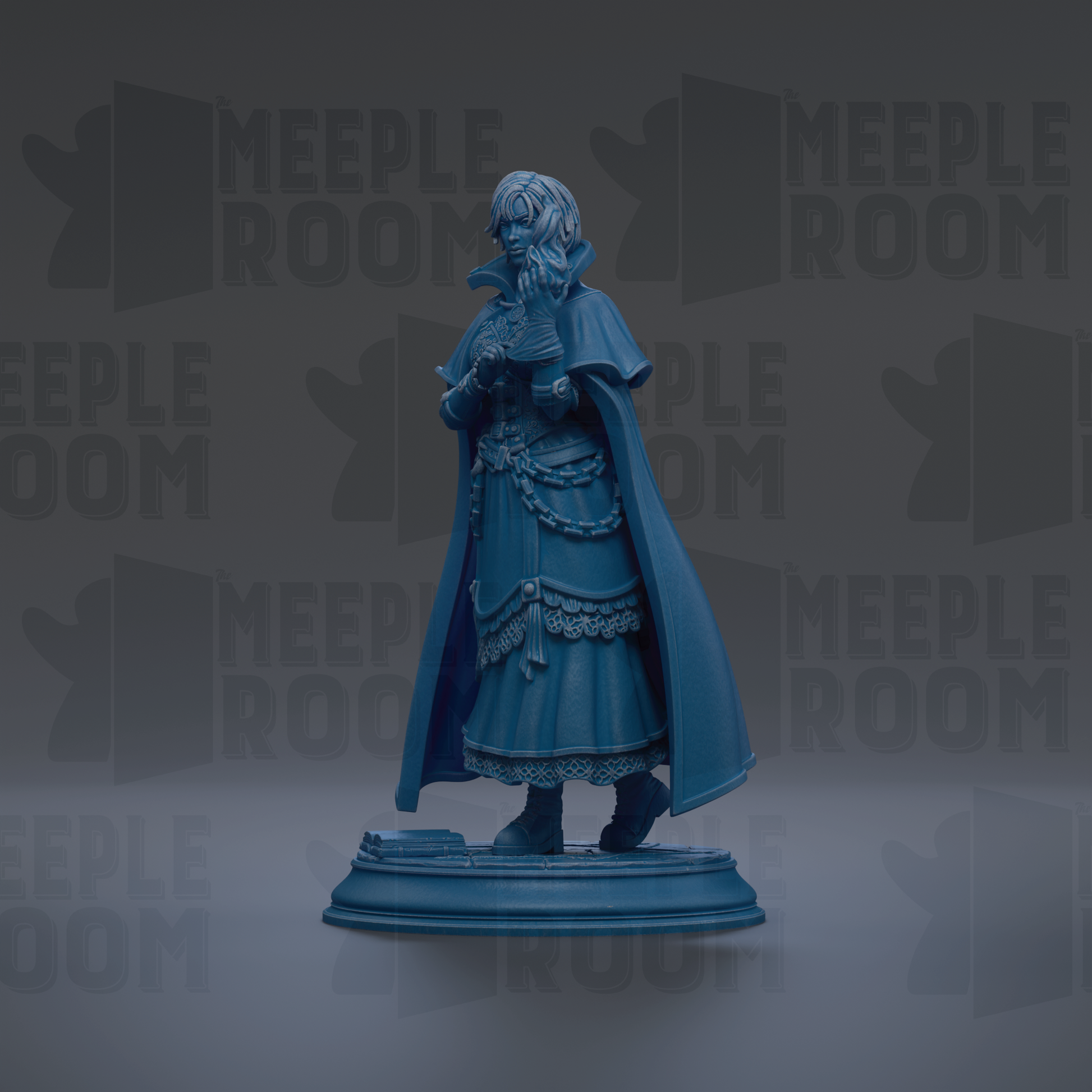 A blue statue of a person standing on a pedestal against a dark background with repeated text.