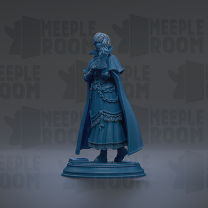 A blue statue of a person standing on a pedestal against a dark background with repeated text.