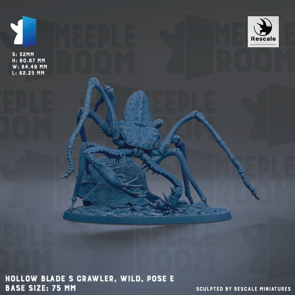 The image is a 3D model of a blue, spider-like creature with multiple legs, sitting on a rock. The creature appears to be a wild, pose-able spider-like figure. The image is described as a "Hole Blade S Crawler, Wild, Pose E" and is shown in a base size of 75 mm. The image is described as a "sculpted by Rescue" and is part of a "MEUPLE ROOM" collection.