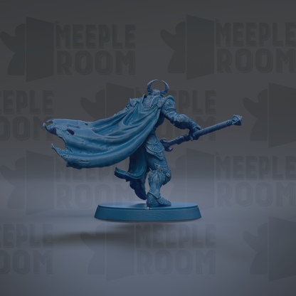 A blue figurine of a warrior figure, holding a sword and shield, stands on a blue base against a dark background with repeated text.