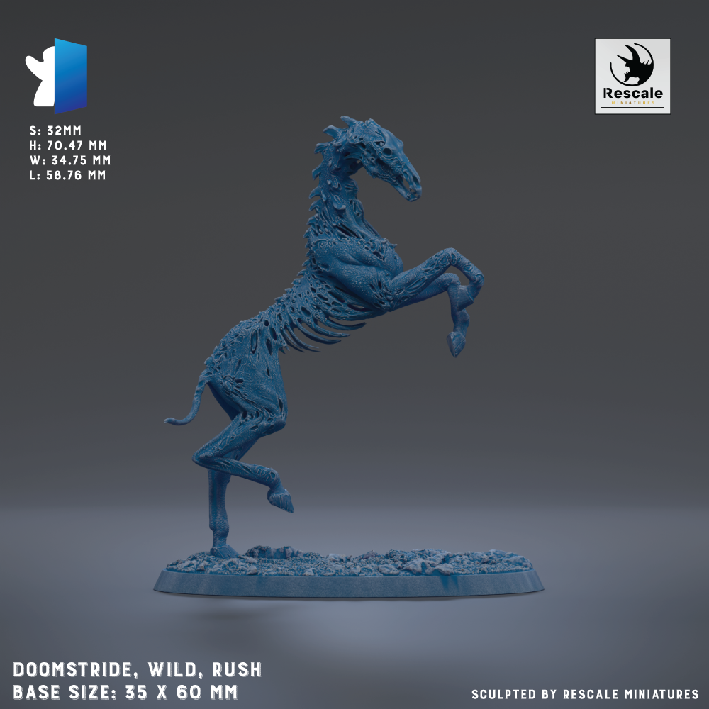 A 3:1 scale model of a blue, skeletal horse statue with a base size of 35 x 60 mm.