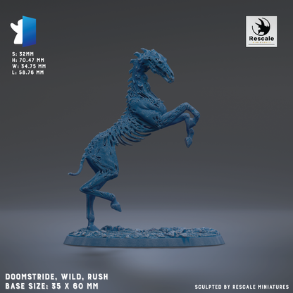 A 3:1 scale model of a blue, skeletal horse statue with a base size of 35 x 60 mm.