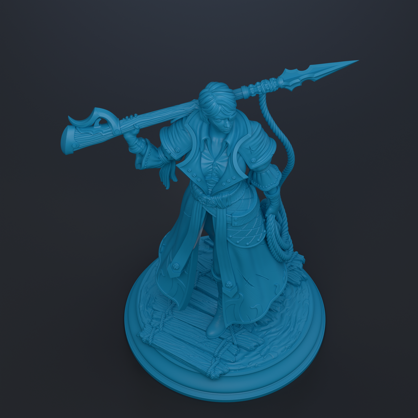 A 3D rendering of a warrior figure holding a spear and standing on a platform.