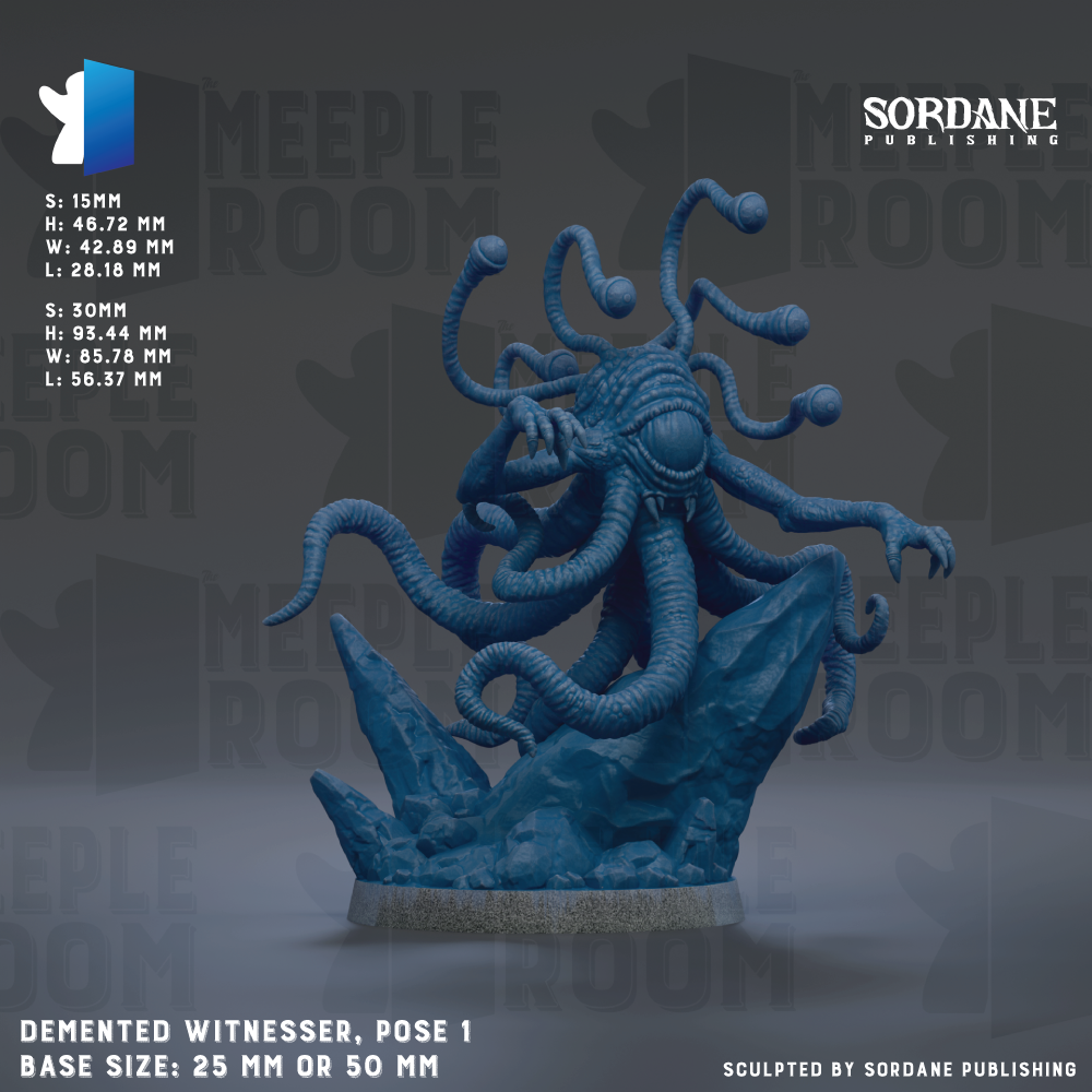 The image is a 3D rendering of a blue, tentacles-like creature with a skull-like face, standing on a rock formation. The creature appears to be a demeened witnesser, and the base size is either 25mm or 50mm. The image is a collaboration of multiple images, and it is described as a "collage of images" and "a 3D rendering of a blue creature with tentacles and a skull-like face."