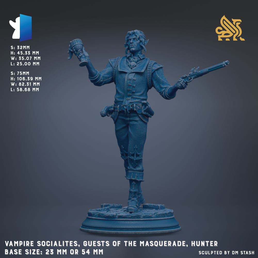 The image is a 3D rendering of a statue of a character named Hunter, who is described as a Vampire Socialite. The statue is shown in a dynamic pose, holding a drink and a weapon. The statue is set against a dark background, and the base size is 23 mm or 54 mm. The image is a collage of multiple images, and it is not a single image but a collection of images that together depict the character Hunter.