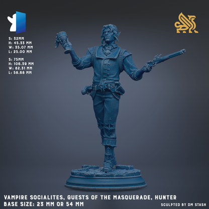 The image is a 3D rendering of a statue of a character named Hunter, who is described as a Vampire Socialite. The statue is shown in a dynamic pose, holding a drink and a weapon. The statue is set against a dark background, and the base size is 23 mm or 54 mm. The image is a collage of multiple images, and it is not a single image but a collection of images that together depict the character Hunter.