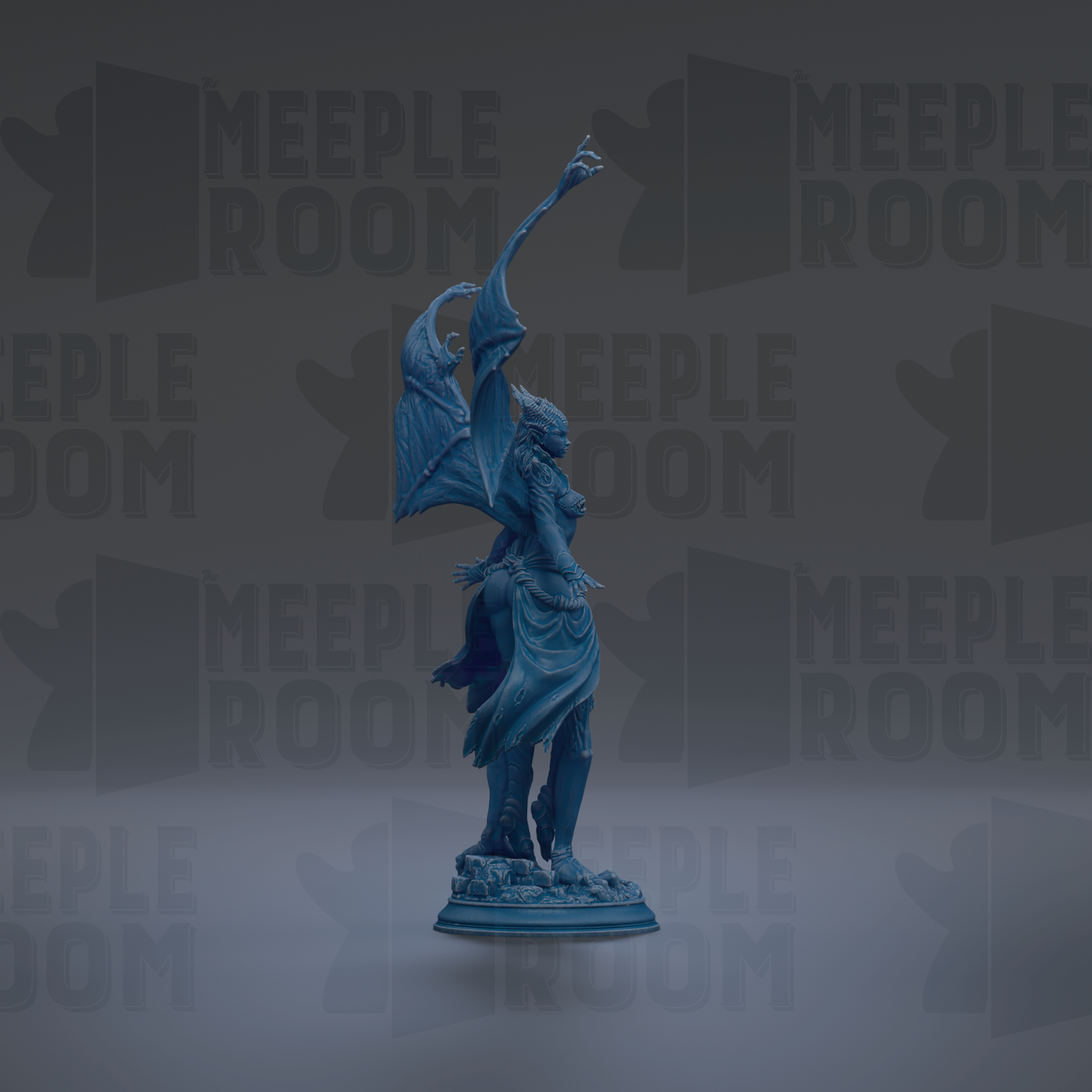 A blue statue of a winged female figure with a bat-like wing stands prominently against a dark background with repeated "MEIPLE ROOM" text.