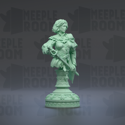 A green statue of a woman holding a sword stands on a decorative base against a dark background with repeated text.