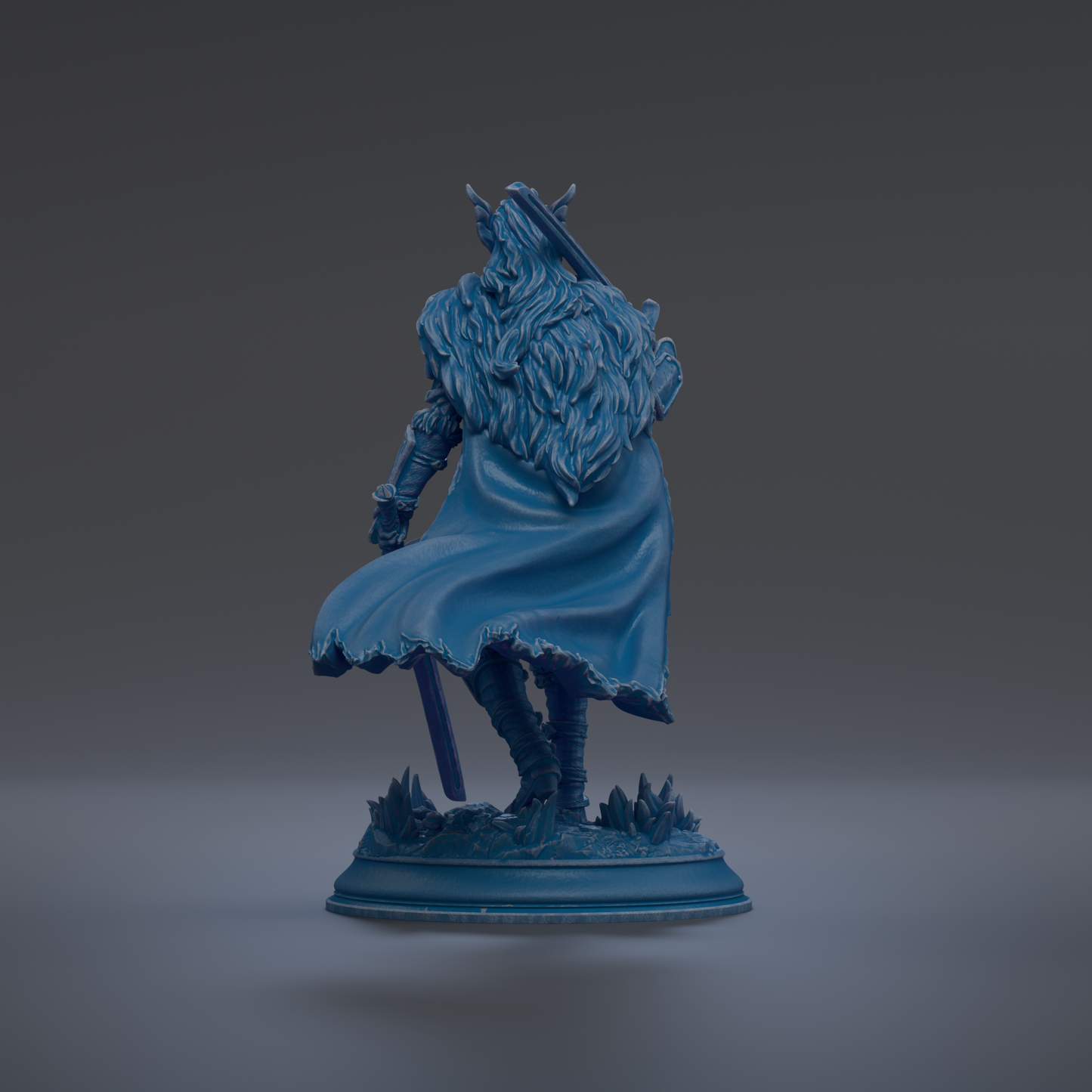 A blue statue of a warrior figure with flowing hair and a flowing cape, standing on a base with a sword in hand.
