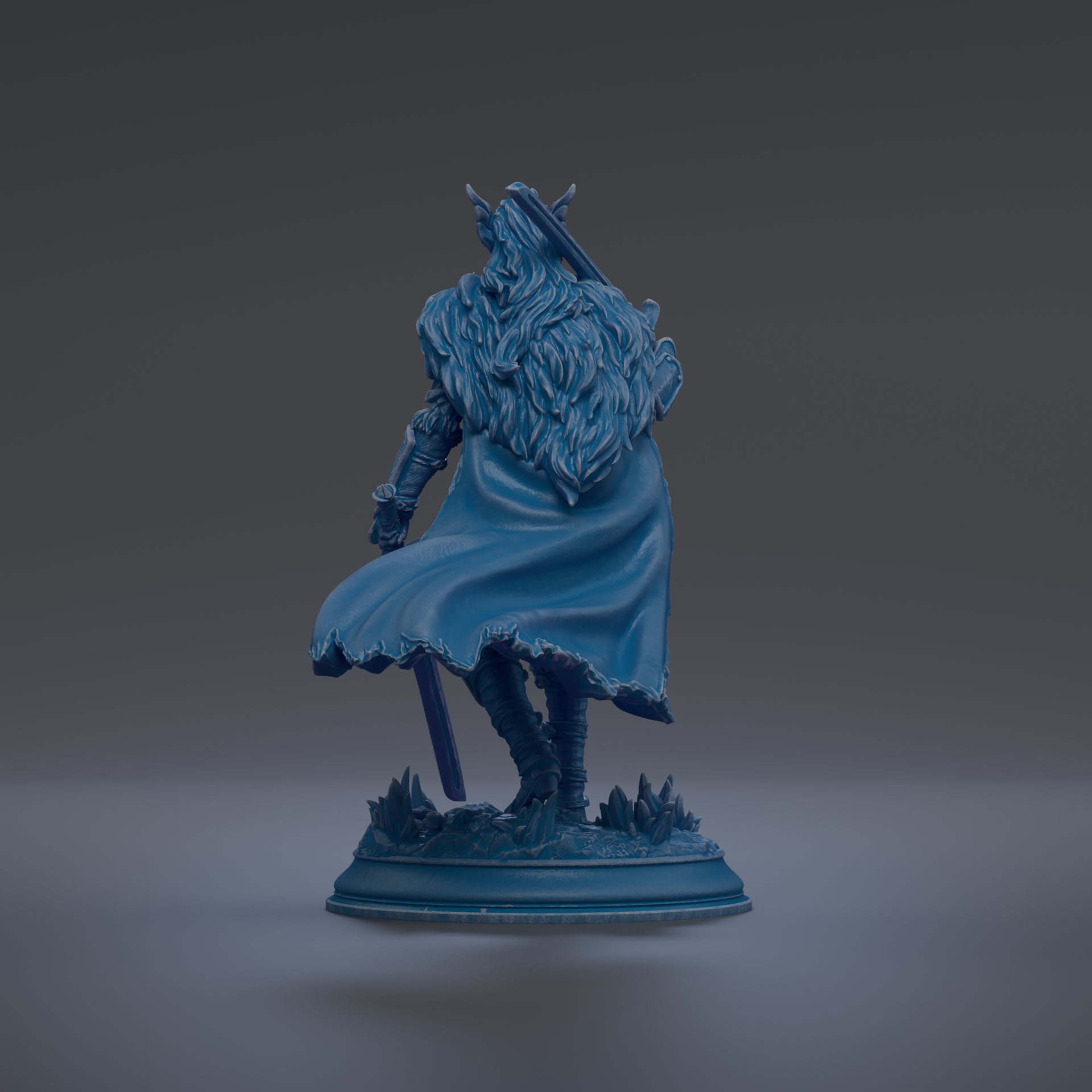 A blue statue of a warrior figure with flowing hair and a flowing cape, standing on a base with a sword in hand.