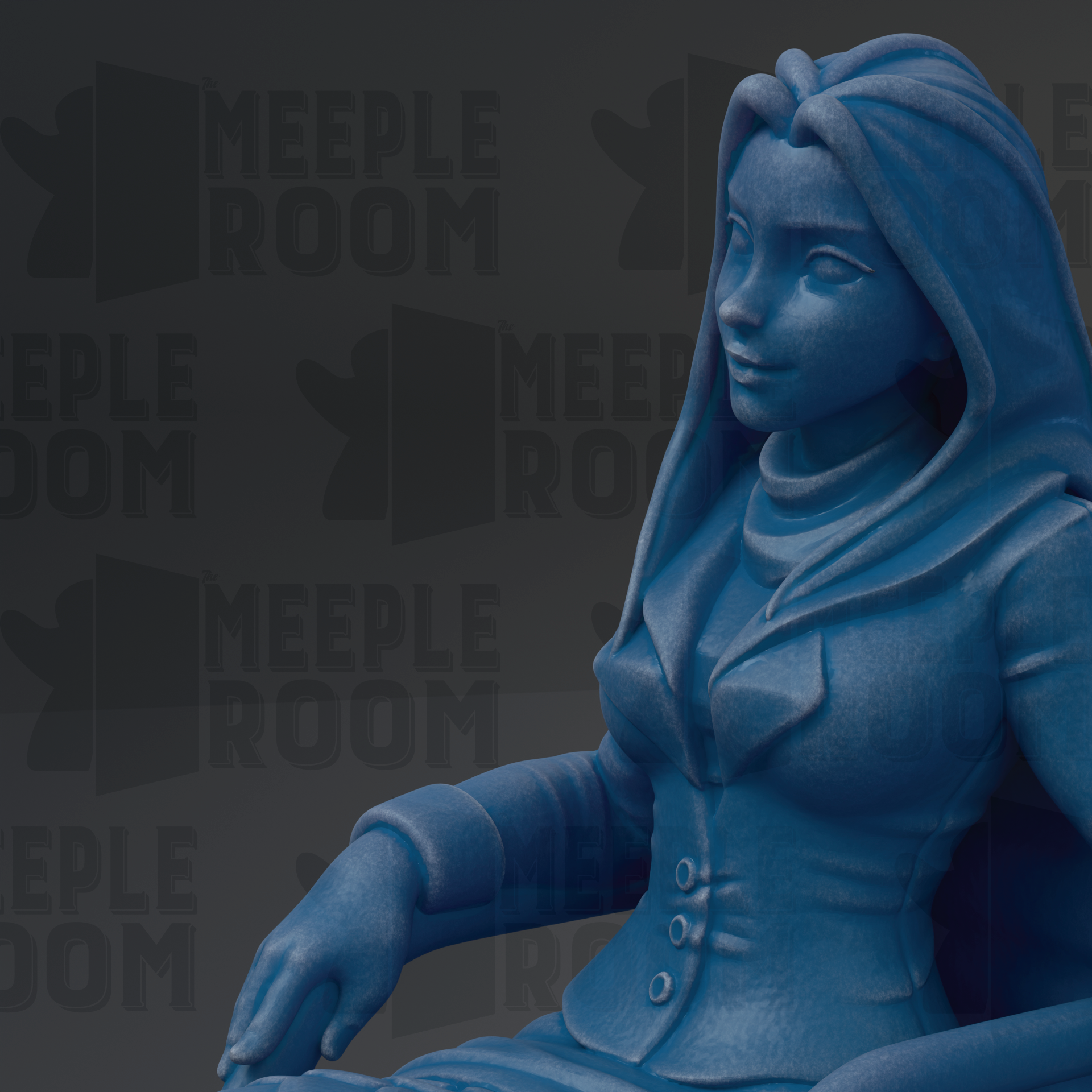 A close-up of a blue statue of a woman with long hair, wearing a jacket, sitting in a chair.