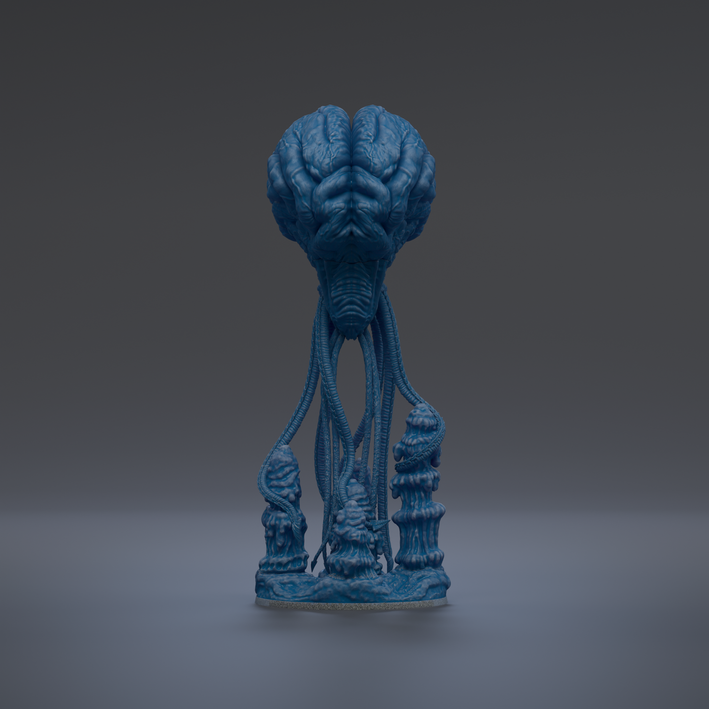 A blue, abstract sculpture with a large, round head and multiple tentacles, resembling a brain or a brain-like shape.
