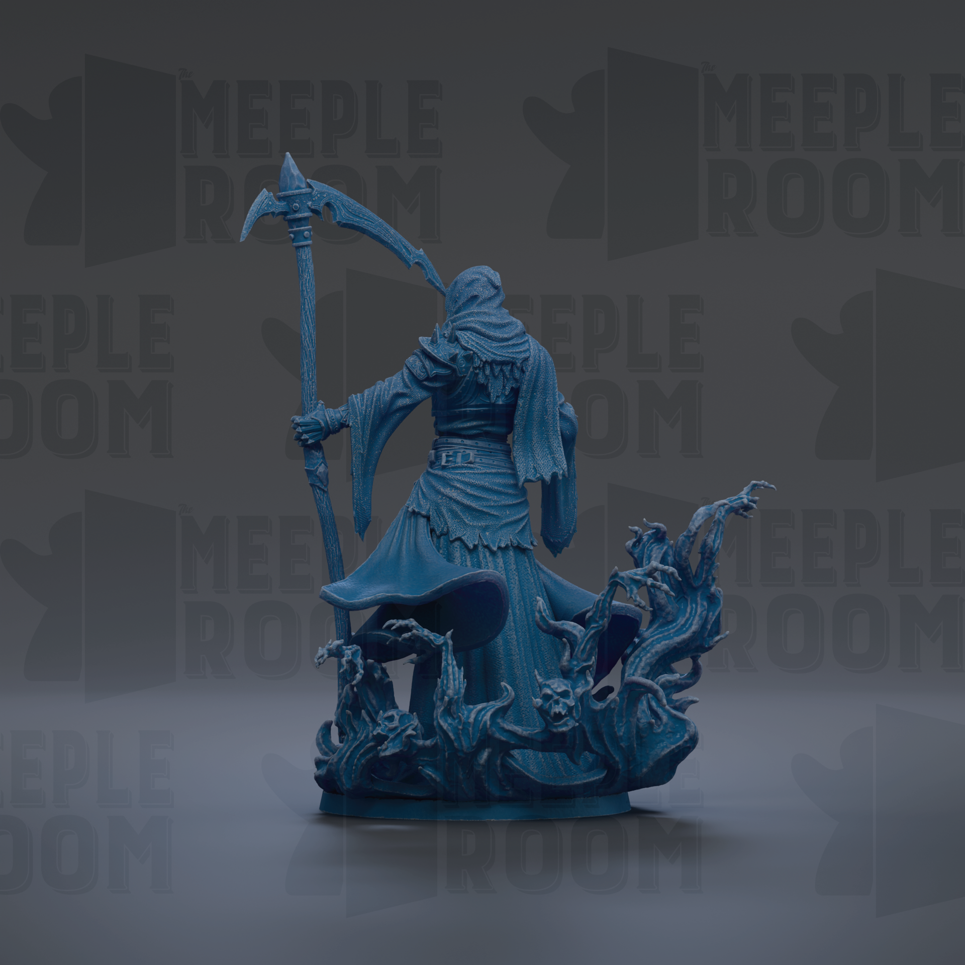 A dark blue, 3D-rendered figure holding a staff and standing in a dark, mysterious setting.