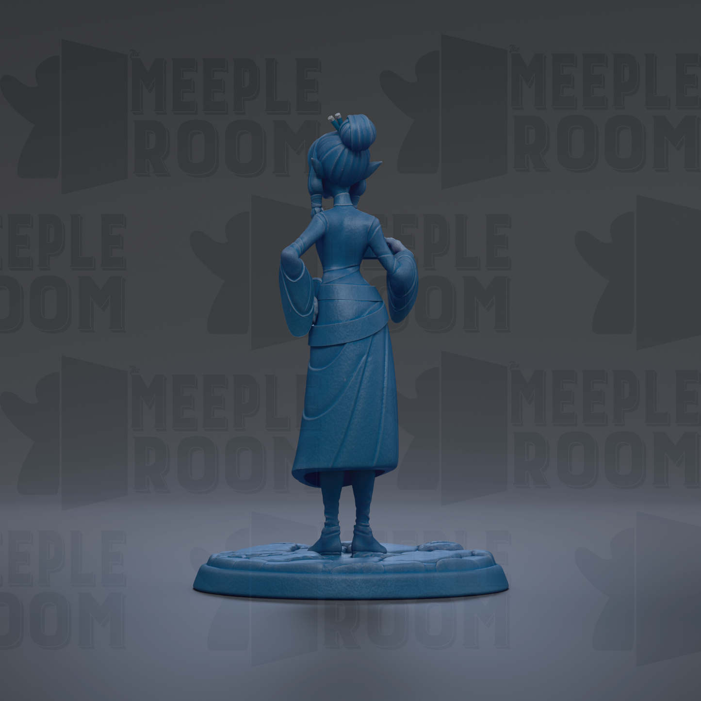 A blue figurine of a woman with a bun on her head, standing on a base and facing away from the camera.