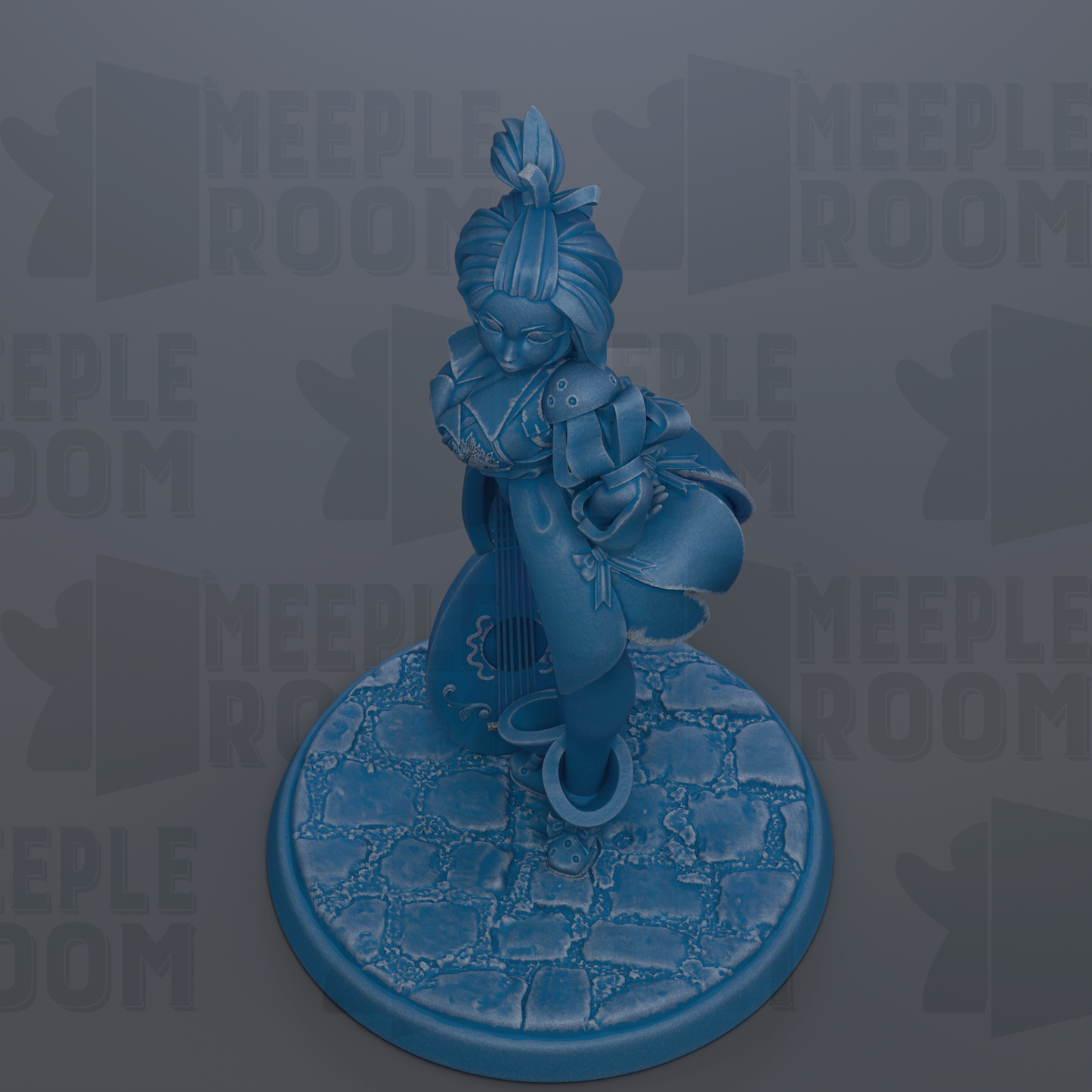 A blue figurine of a woman with a headdress stands on a blue base with a stone texture.