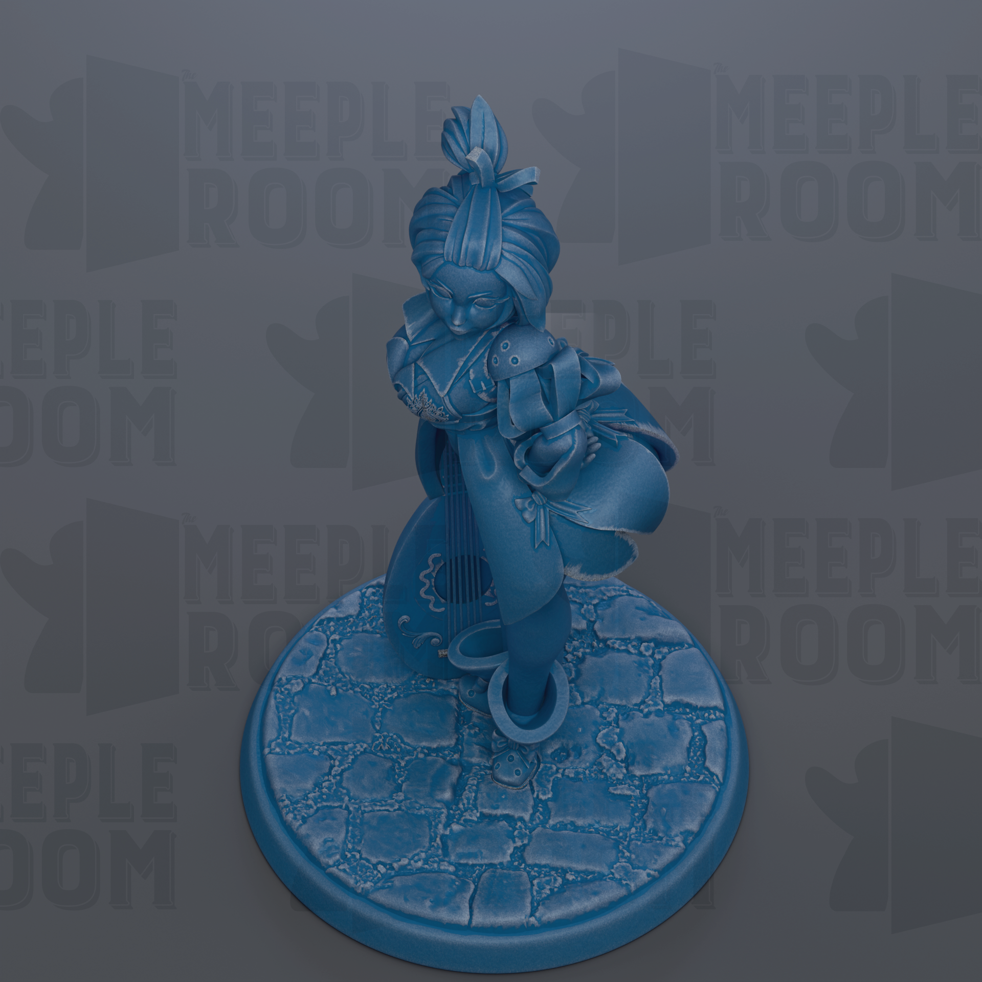 A blue figurine of a woman with a headdress stands on a blue base with a stone texture.