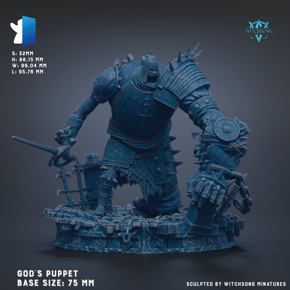 A detailed 3D model of a heavily armored and battle-ready figure, likely a character from a fantasy or science fiction game. The figure is shown in a dynamic fighting stance, with various weapons and armor pieces attached to it. The base size of the figure is 75 millimeters, and the image is described as a "God's Puppet Base Sizes: 75 MM" and "Sculpted by Witchesong Miniatures".