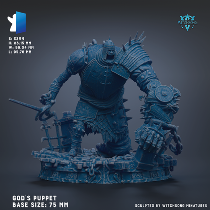 A detailed 3D model of a heavily armored and battle-ready figure, likely a character from a fantasy or science fiction game. The figure is shown in a dynamic fighting stance, with various weapons and armor pieces attached to it. The base size of the figure is 75 millimeters, and the image is described as a "God's Puppet Base Sizes: 75 MM" and "Sculpted by Witchesong Miniatures".