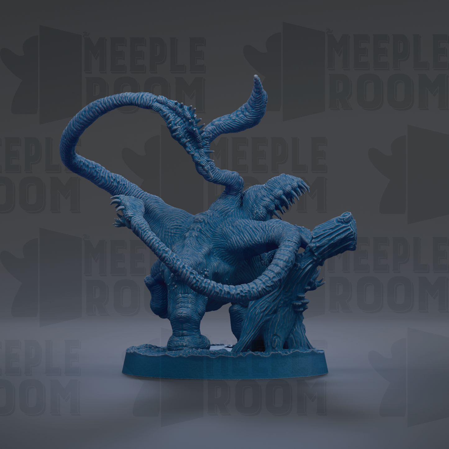 A blue, 3D-rendered figurine of a fantastical creature with a long, curved tail and sharp teeth, standing on a base.