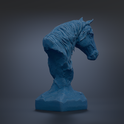 A blue, sculpted horse head statue is displayed against a dark background.