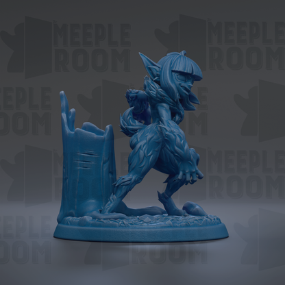 A blue, 3D-rendered fantasy creature with a large head and long tail, standing on a base and appearing to be in a dynamic pose.