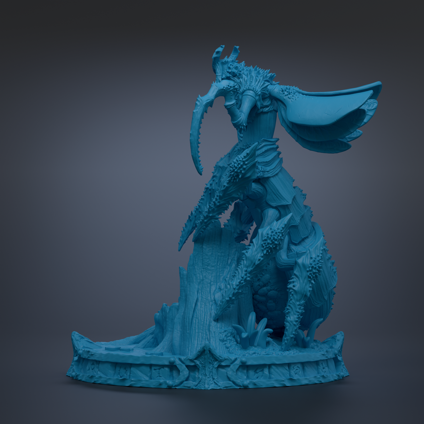 A blue, 3D-rendered statue of a fantastical creature with intricate details and a large head.