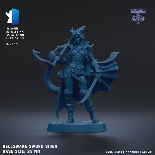 a female character with horns, wearing a blue outfit and holding a sword. The character is standing on a base that is described as 25mm in size. The image is a sculpture of a Hells wake sword siren, and it is sculpted by the Mammoth Factory.