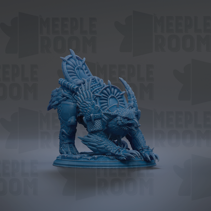 A blue, intricate figurine of a fantastical creature with sharp teeth and claws, standing on a pedestal against a dark background with repeated text.