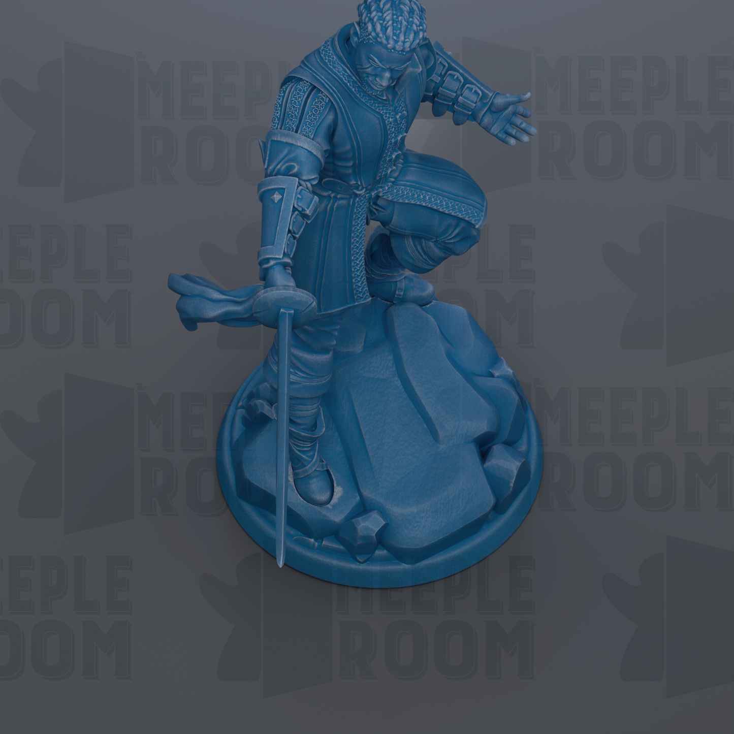 A blue figurine of a knight in a fighting stance, holding a sword and standing on a rock.