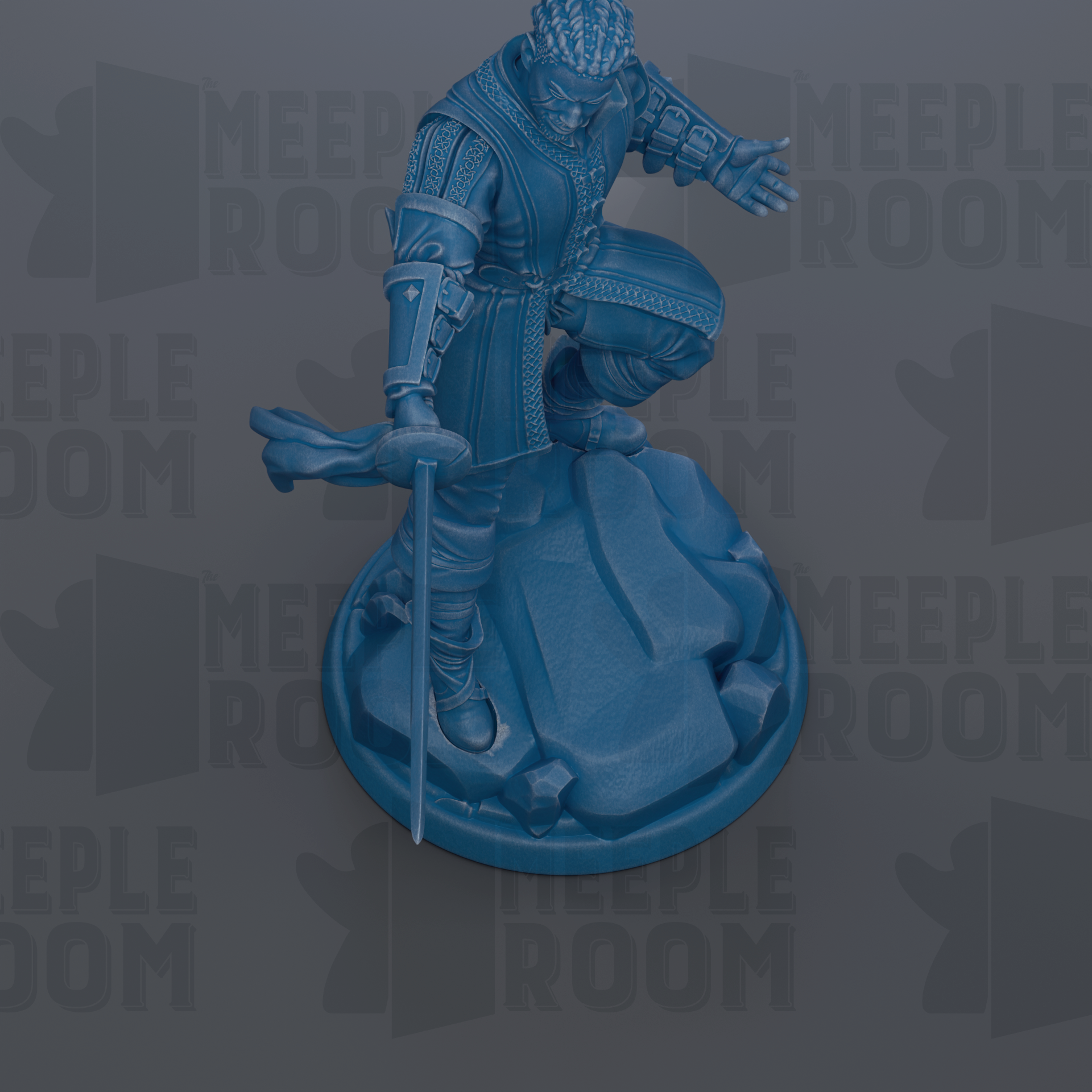 A blue figurine of a knight in a fighting stance, holding a sword and standing on a rock.