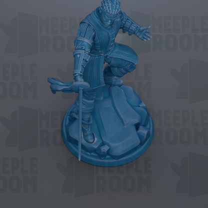 A blue figurine of a knight in a fighting stance, holding a sword and standing on a rock.