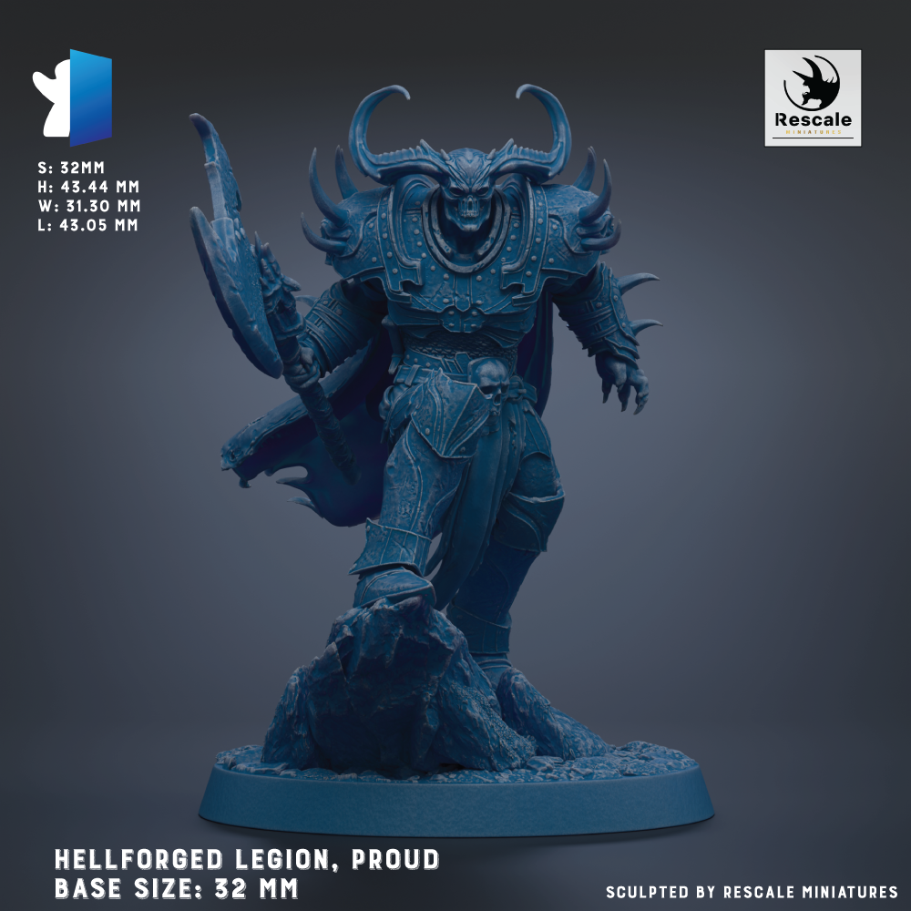 A 3D model of a Hellforged Legion, a fantasy character, is shown in a proud pose. The base size of the statue is 32 mm.