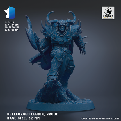 A 3D model of a Hellforged Legion, a fantasy character, is shown in a proud pose. The base size of the statue is 32 mm.