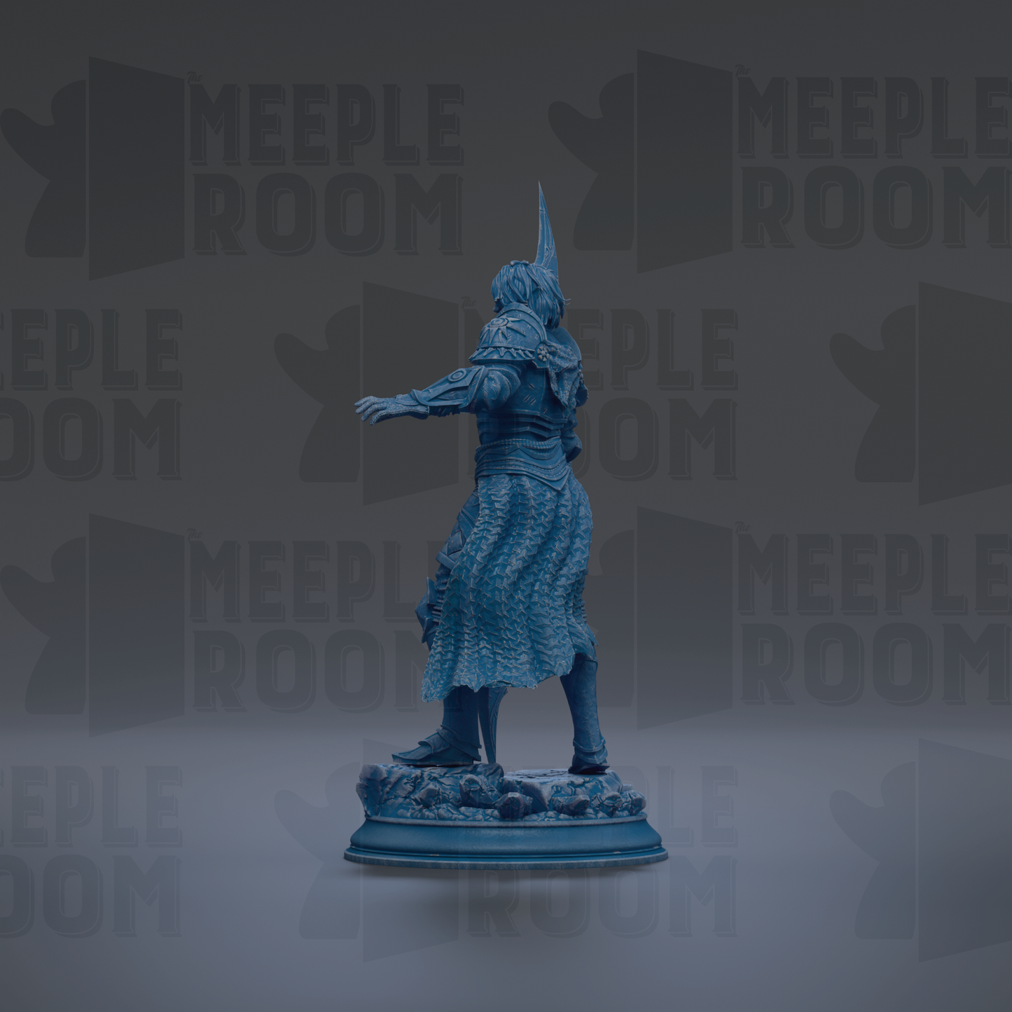 A blue statue of a person standing on a pedestal against a dark background with repeated text.