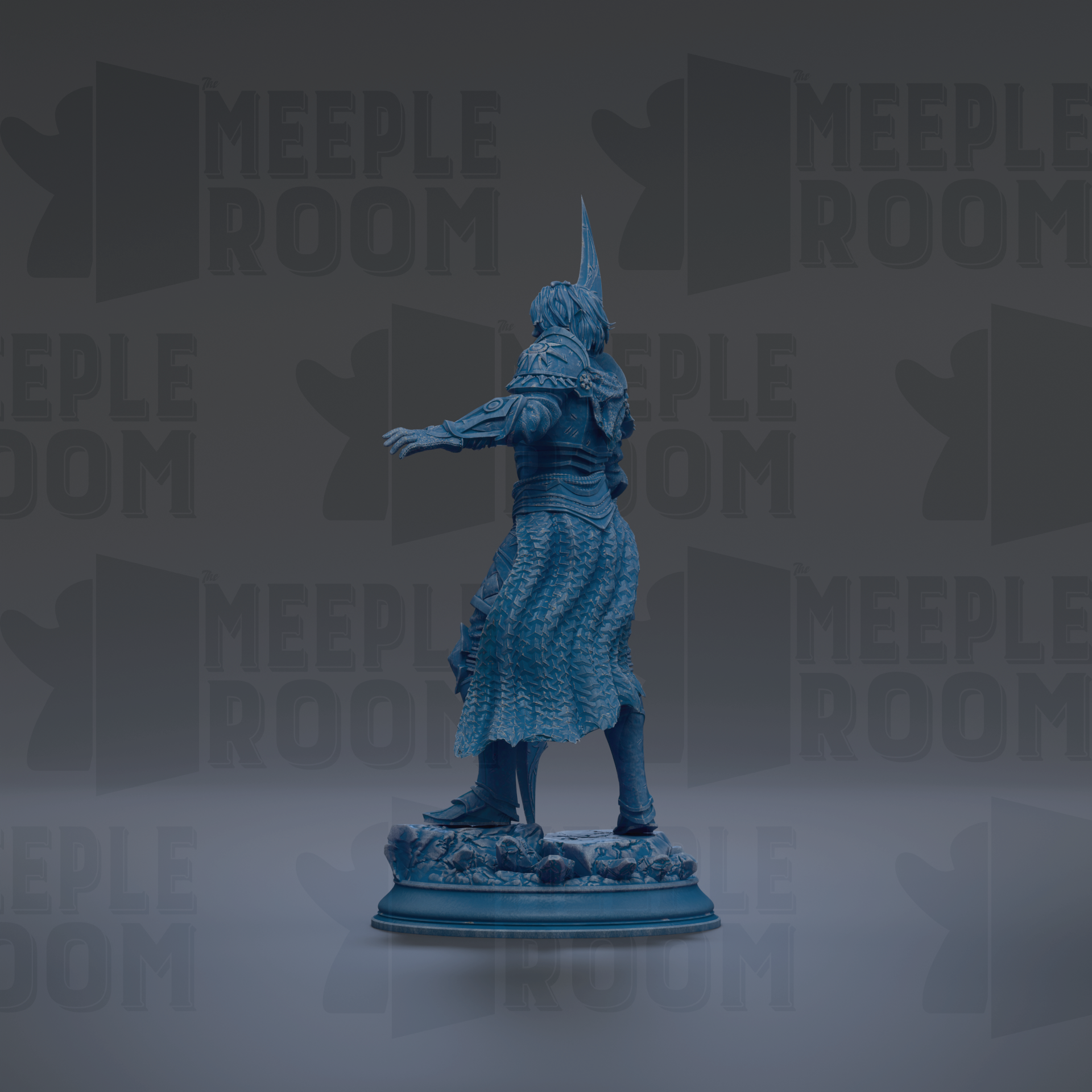 A blue statue of a person standing on a pedestal against a dark background with repeated text.