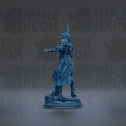 A blue statue of a person standing on a pedestal against a dark background with repeated text.