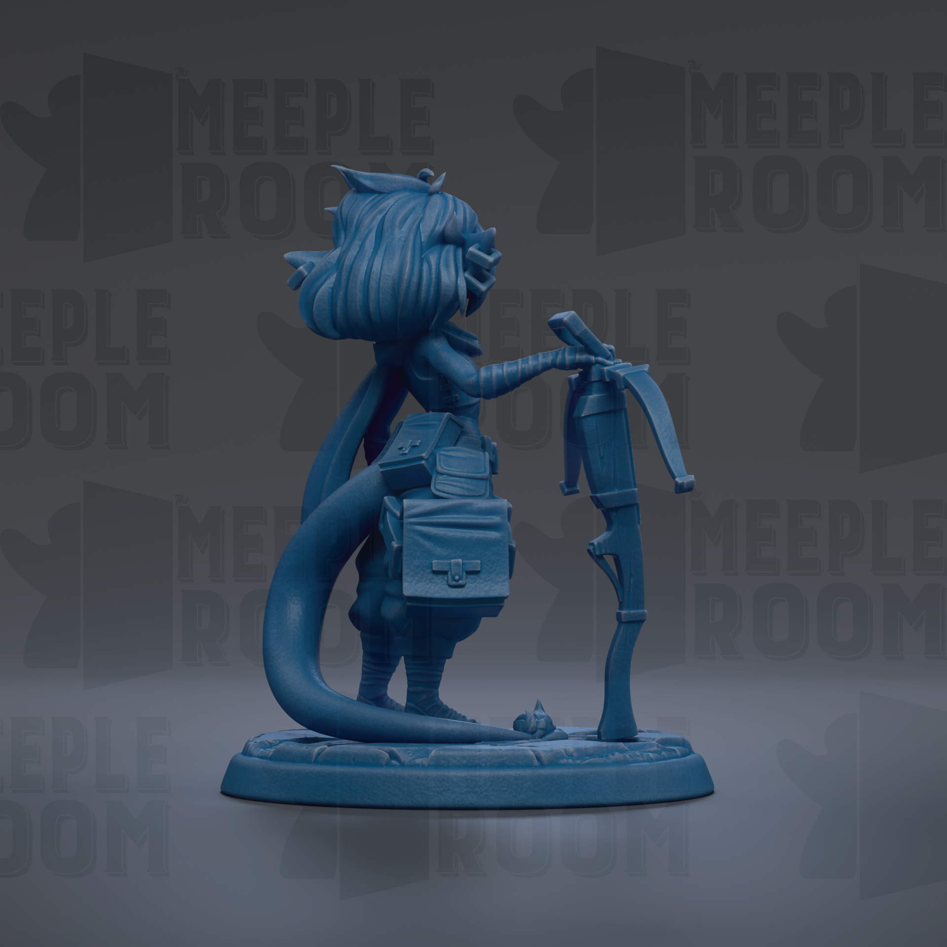 A blue figurine of a character with a backpack and a bow, standing on a base.