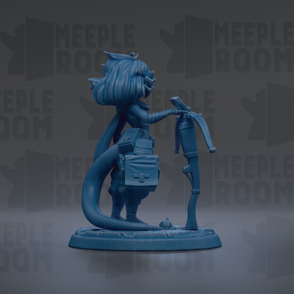 A blue figurine of a character with a backpack and a bow, standing on a base.