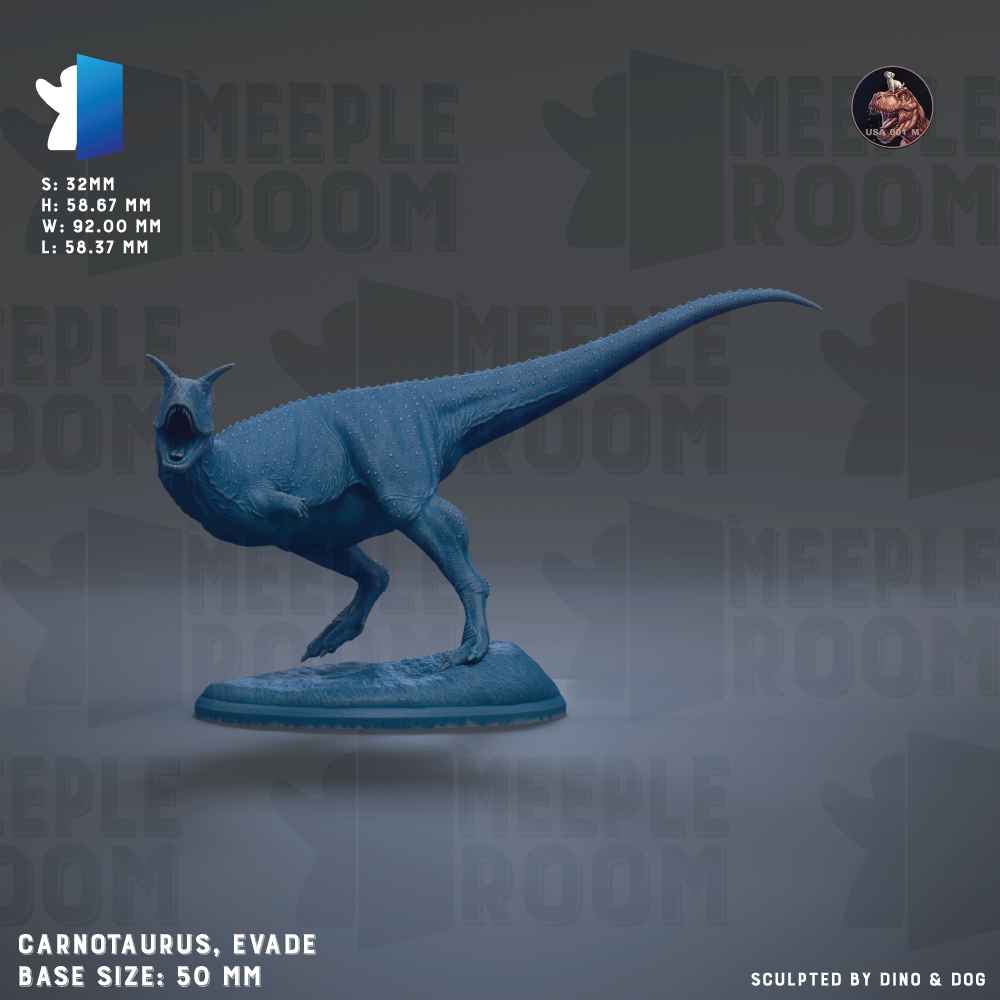 a large, blue dinosaur statue, specifically a Carnotaurus, with a base size of 50 millimeters.