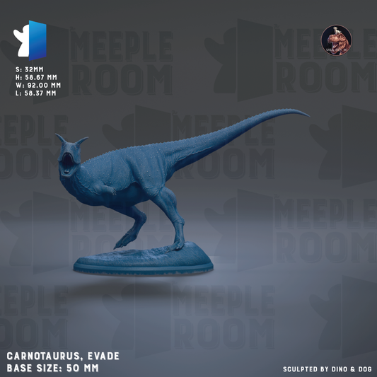 a large, blue dinosaur statue, specifically a Carnotaurus, with a base size of 50 millimeters.