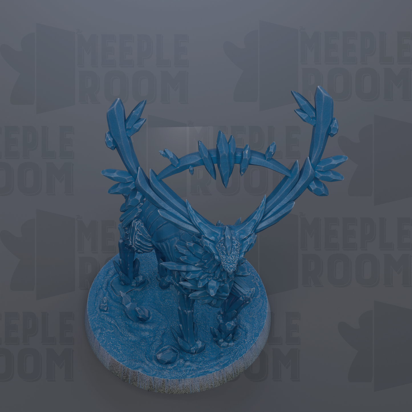 A blue, fantastical creature with sharp, jagged features stands on a circular base, surrounded by a dark background with repeated text.