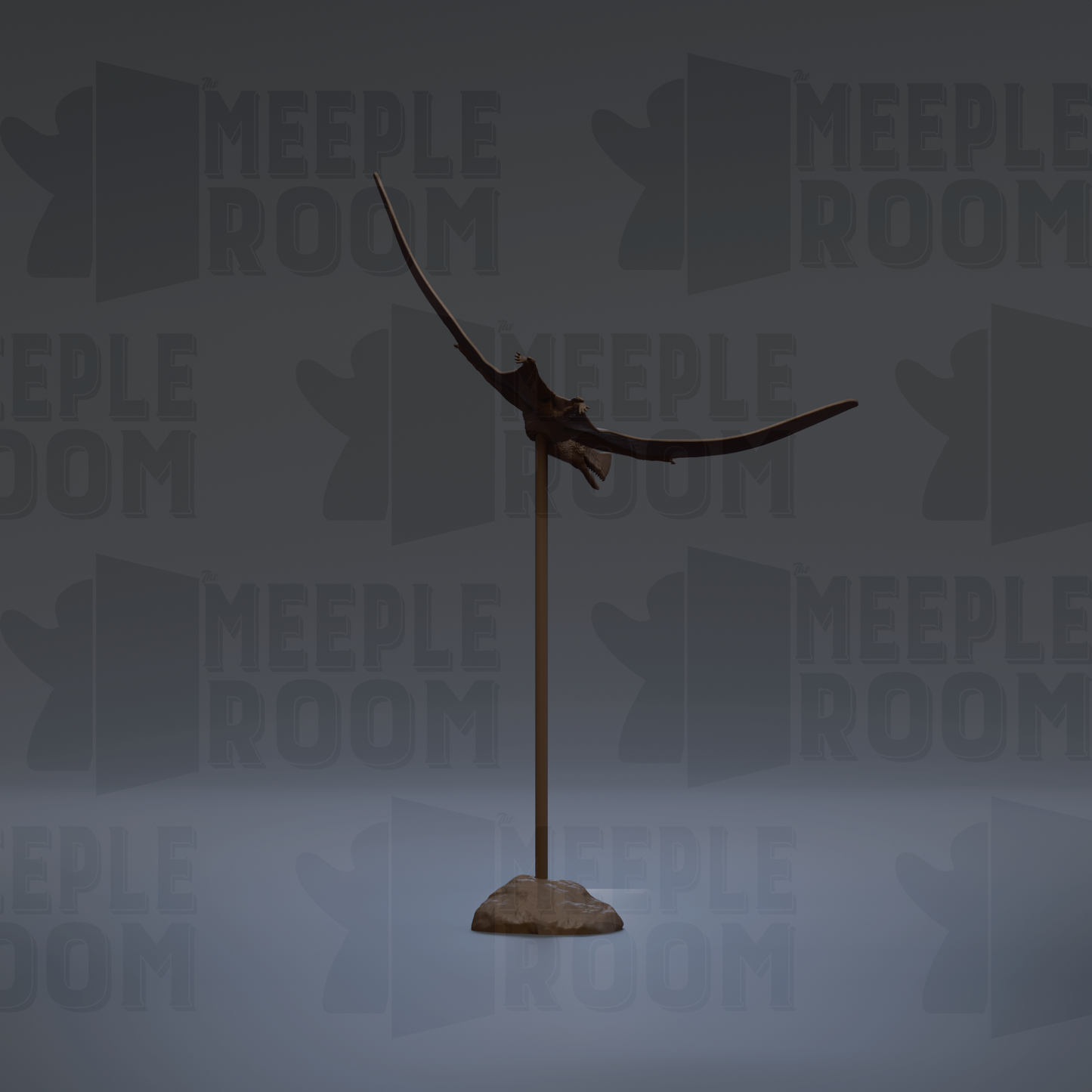 A dark-colored metal sculpture of a bird-like creature stands on a rock against a gray background with repeated "MEPLE ROOM" text.