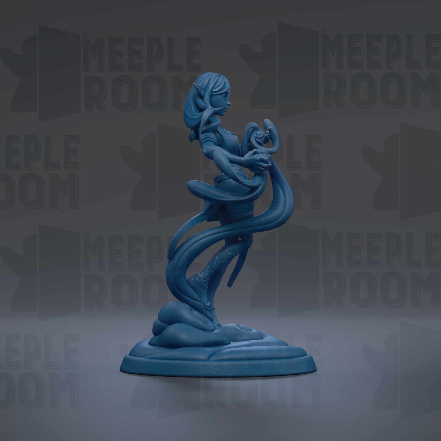 A blue figurine of a woman with long hair and a flowing skirt, standing on a base and holding a snake.