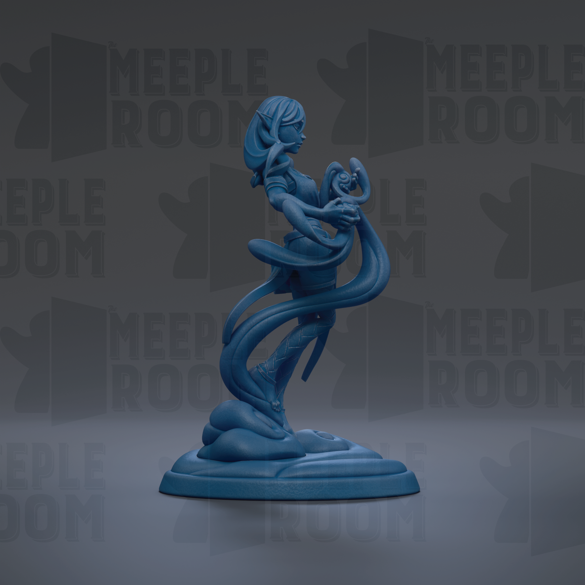 A blue figurine of a woman with long hair and a flowing skirt, standing on a base and holding a snake.