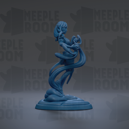 A blue figurine of a woman with long hair and a flowing skirt, standing on a base and holding a snake.