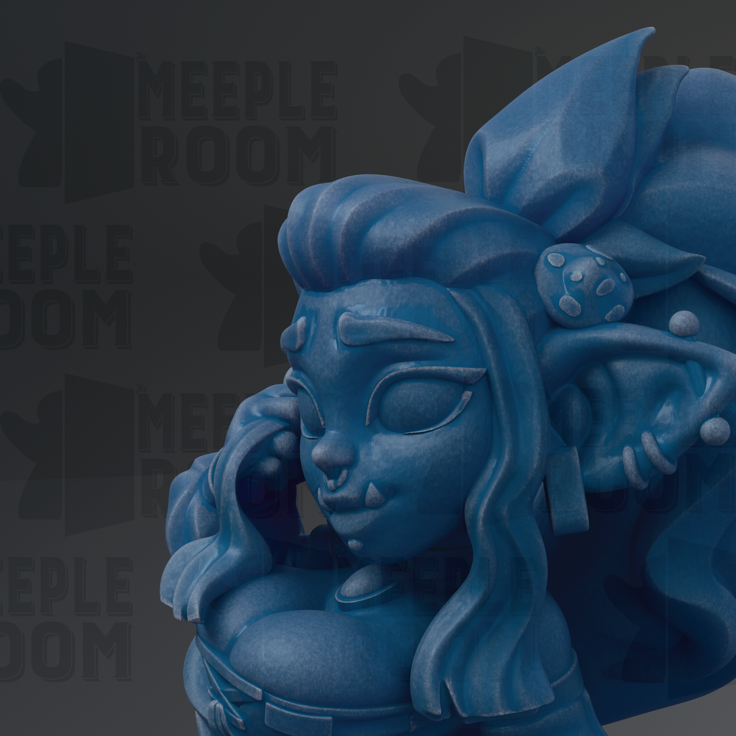 A close-up of a blue, cartoonish female character with large, pointed ears and a large headdress, set against a dark background with repeated text.