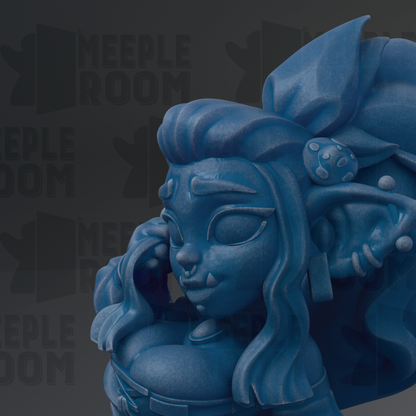 A close-up of a blue, cartoonish female character with large, pointed ears and a large headdress, set against a dark background with repeated text.
