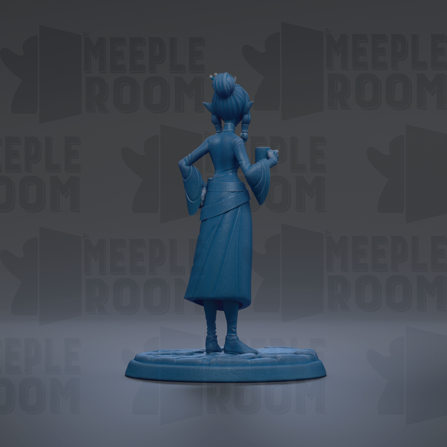 A blue figurine of a person standing on a platform, with the text "MEUPLE ROOM" repeated in the background.