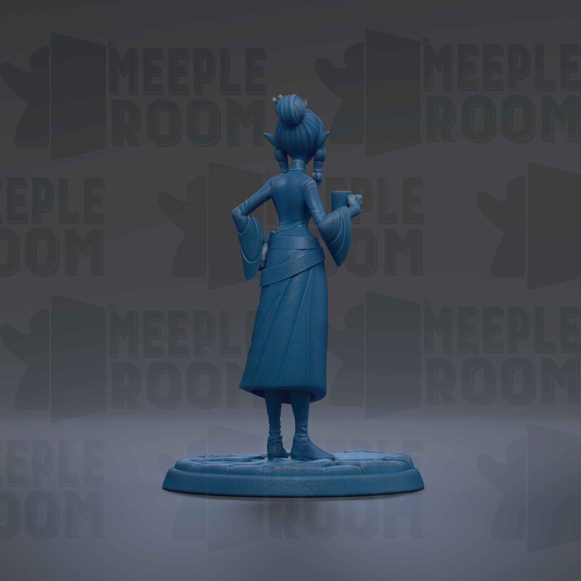 A blue figurine of a person standing on a platform, with the text "MEUPLE ROOM" repeated in the background.
